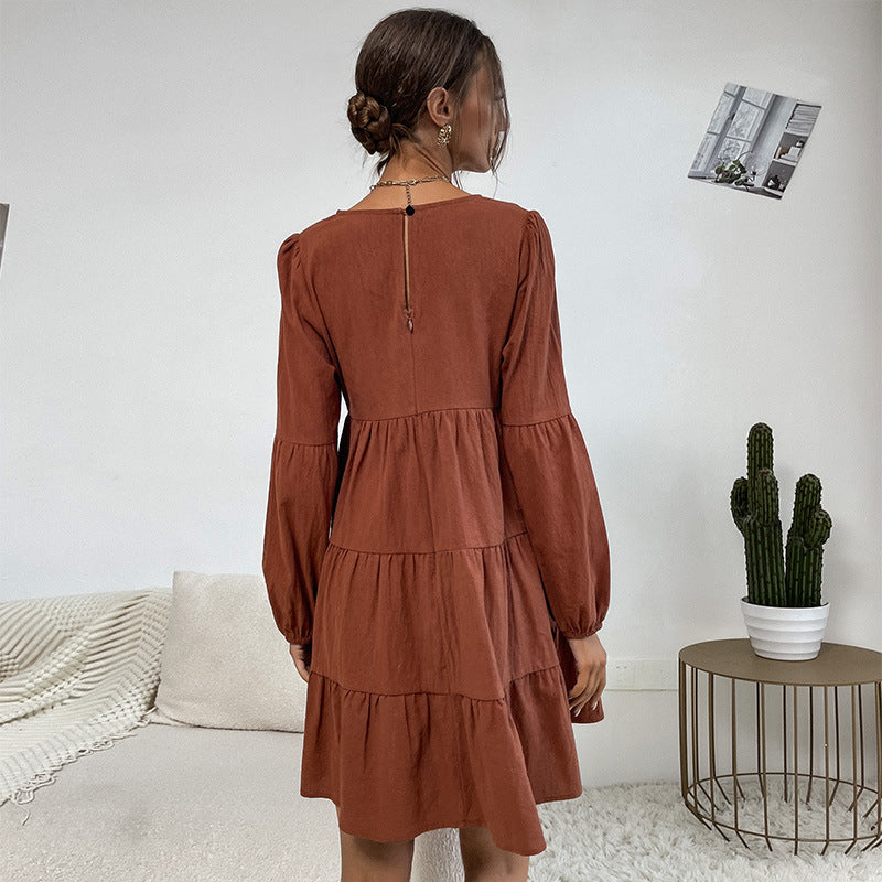 Tiered A-Line Mini Dress with Long Sleeves and Crewneck