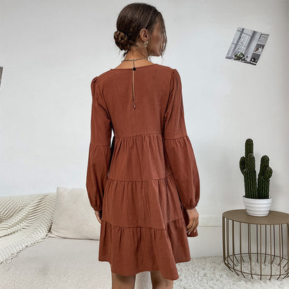 Tiered A-Line Mini Dress with Long Sleeves and Crewneck
