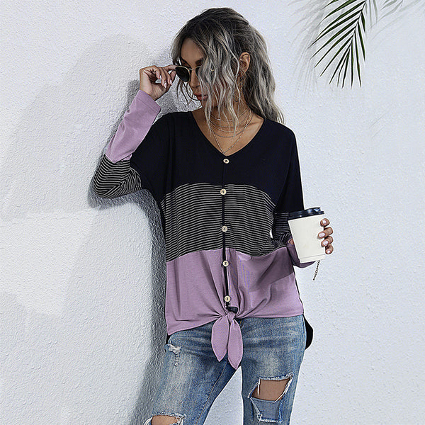 Striped Patchwork V-Neck Top with Tie-Front Hem
