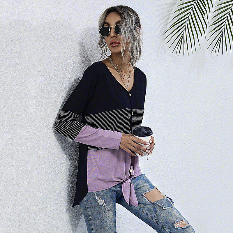 Striped Patchwork V-Neck Top with Tie-Front Hem