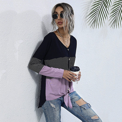 Striped Patchwork V-Neck Top with Tie-Front Hem
