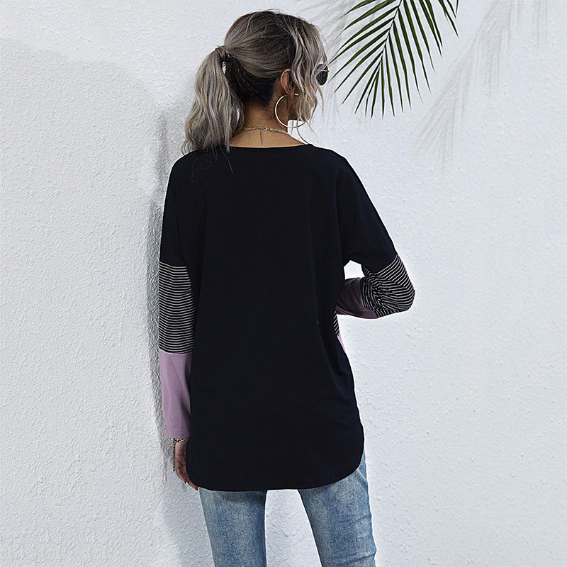 Striped Patchwork V-Neck Top with Tie-Front Hem