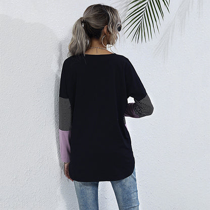 Striped Patchwork V-Neck Top with Tie-Front Hem