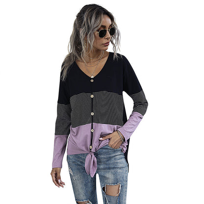 Striped Patchwork V-Neck Top with Tie-Front Hem