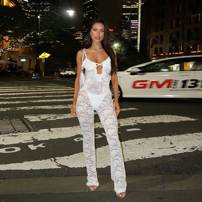 Bodycon Lace Jumpsuit with Cut-Out Detail and Straight Leg