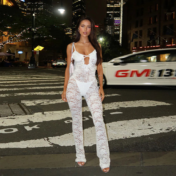Bodycon Lace Jumpsuit with Cut-Out Detail and Straight Leg