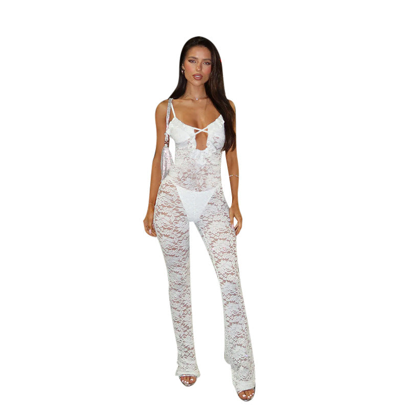 Bodycon Lace Jumpsuit with Cut-Out Detail and Straight Leg