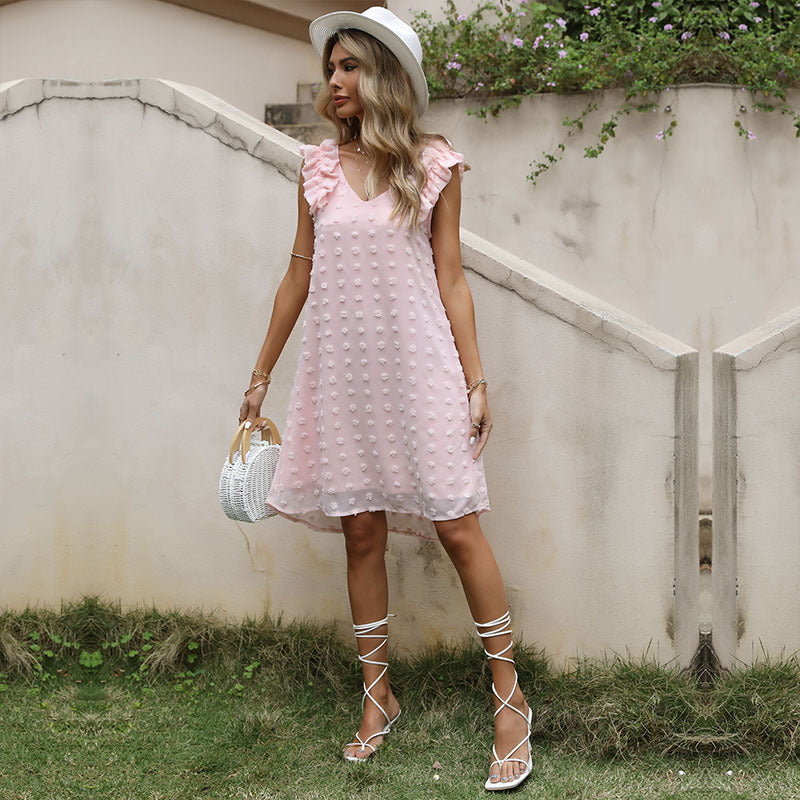 Swiss Dot A-Line Chiffon Dress with V-Neck and Ruffle Trim