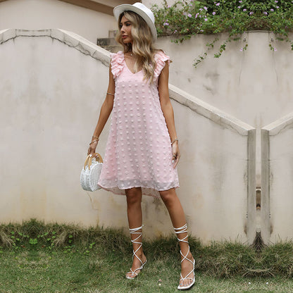 Swiss Dot A-Line Chiffon Dress with V-Neck and Ruffle Trim