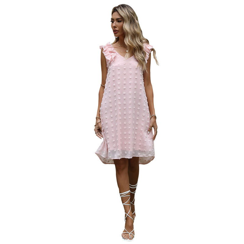 Swiss Dot A-Line Chiffon Dress with V-Neck and Ruffle Trim