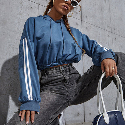 Cropped Pullover Hoodie with Contrast Side Stripes