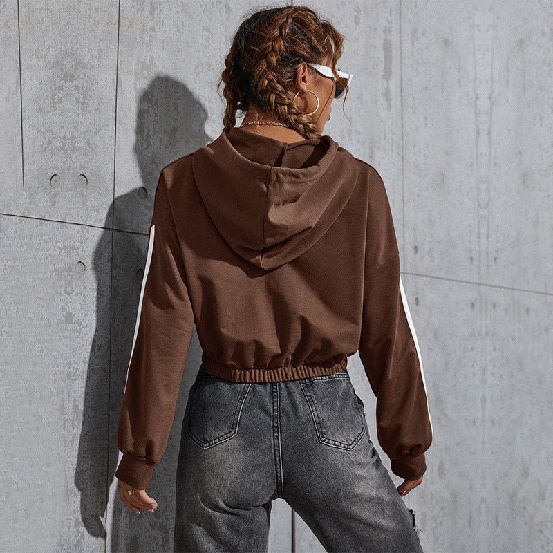 Cropped Pullover Hoodie with Contrast Side Stripes