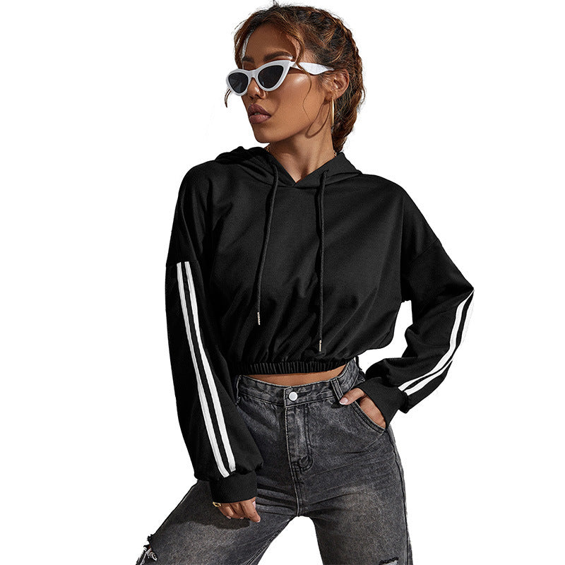 Cropped Pullover Hoodie with Contrast Side Stripes