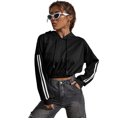 Cropped Pullover Hoodie with Contrast Side Stripes