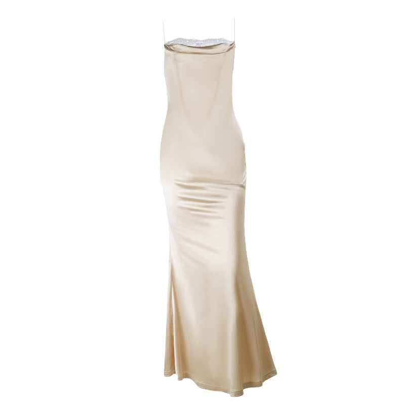 Satin Sheath Maxi Dress with Lace-Trimmed Neckline