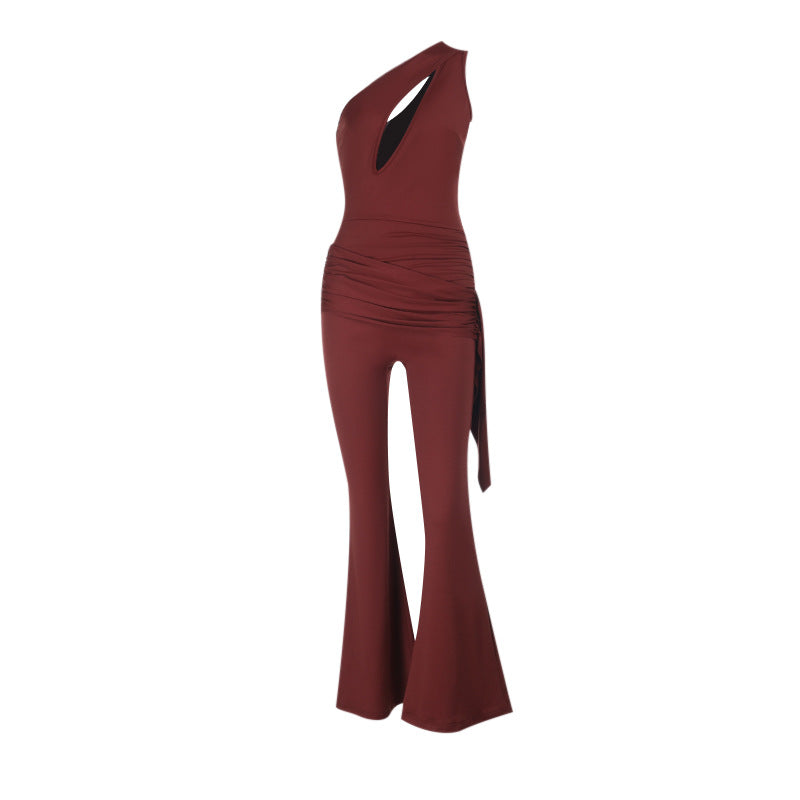 One-Shoulder Flared Jumpsuit with Cutout and Draped Sash