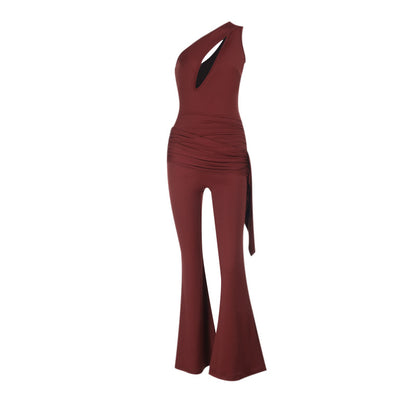 One-Shoulder Flared Jumpsuit with Cutout and Draped Sash