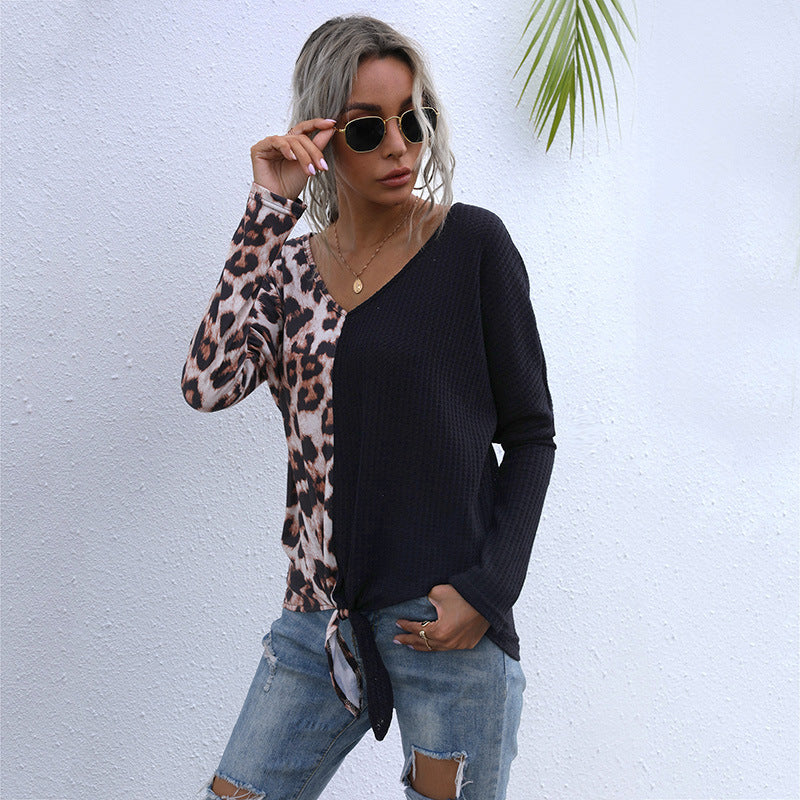 Leopard Print Patchwork Waffle Knit Top with Tie-Front Detail