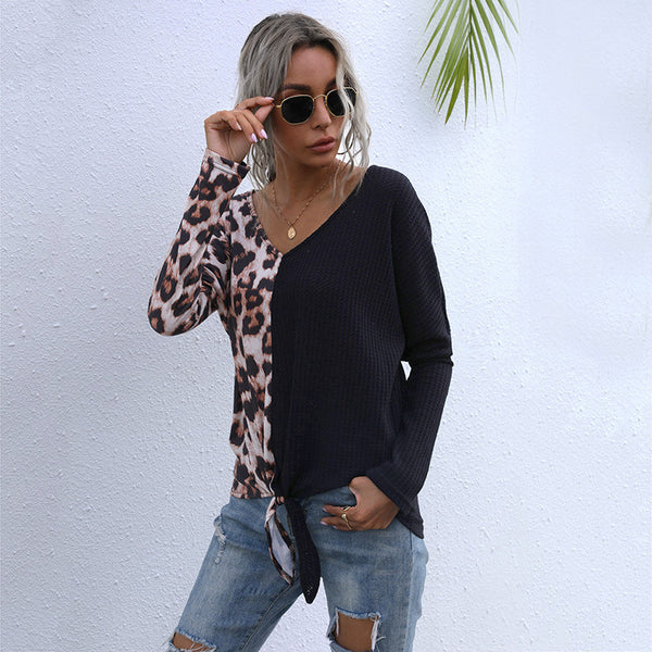 Leopard Print Patchwork Waffle Knit Top with Tie-Front Detail