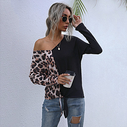 Leopard Print Patchwork Waffle Knit Top with Tie-Front Detail