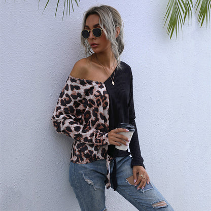Leopard Print Patchwork Waffle Knit Top with Tie-Front Detail