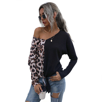 Leopard Print Patchwork Waffle Knit Top with Tie-Front Detail