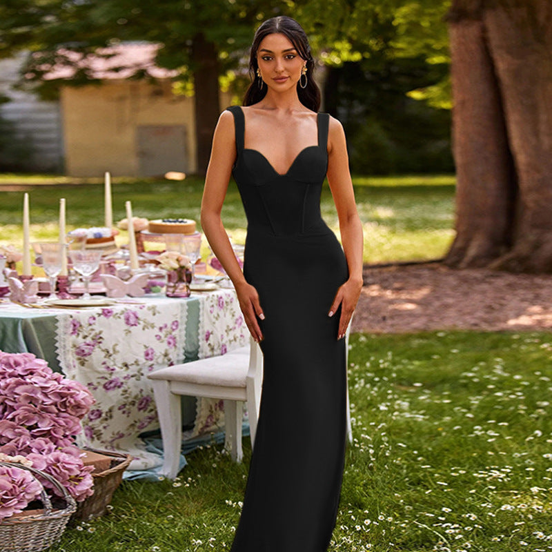 Bodycon Maxi Dress with Corset Bodice and V-Neck