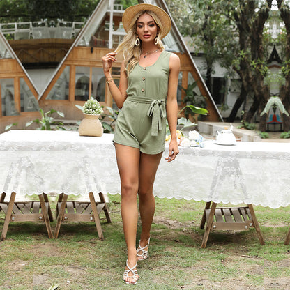 Loose Sleeveless Romper with Button Front and Tie Belt