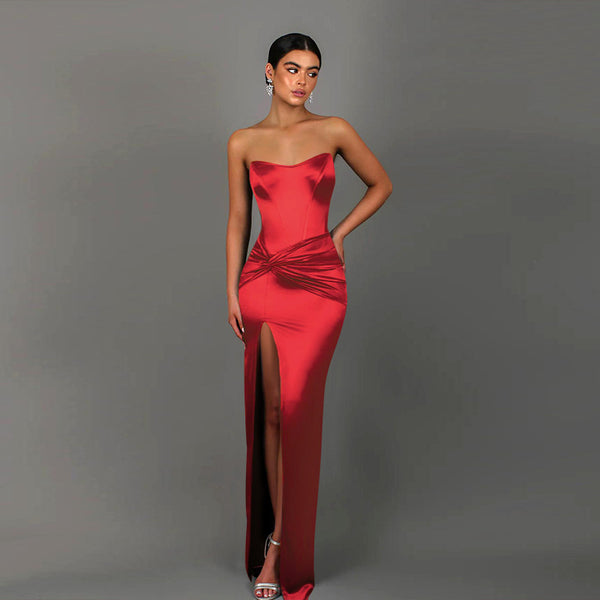 Bodycon Satin Maxi Dress with Twisted Waist and High Slit