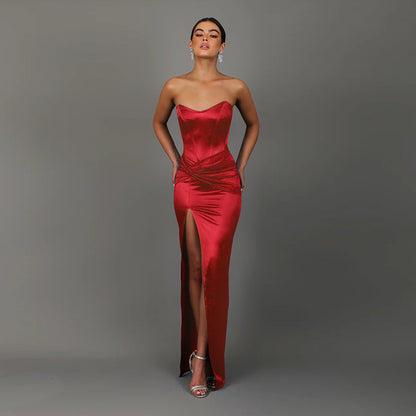 Bodycon Satin Maxi Dress with Twisted Waist and High Slit