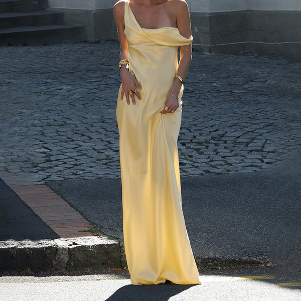 Satin Maxi Dress with Asymmetric Draped Neckline