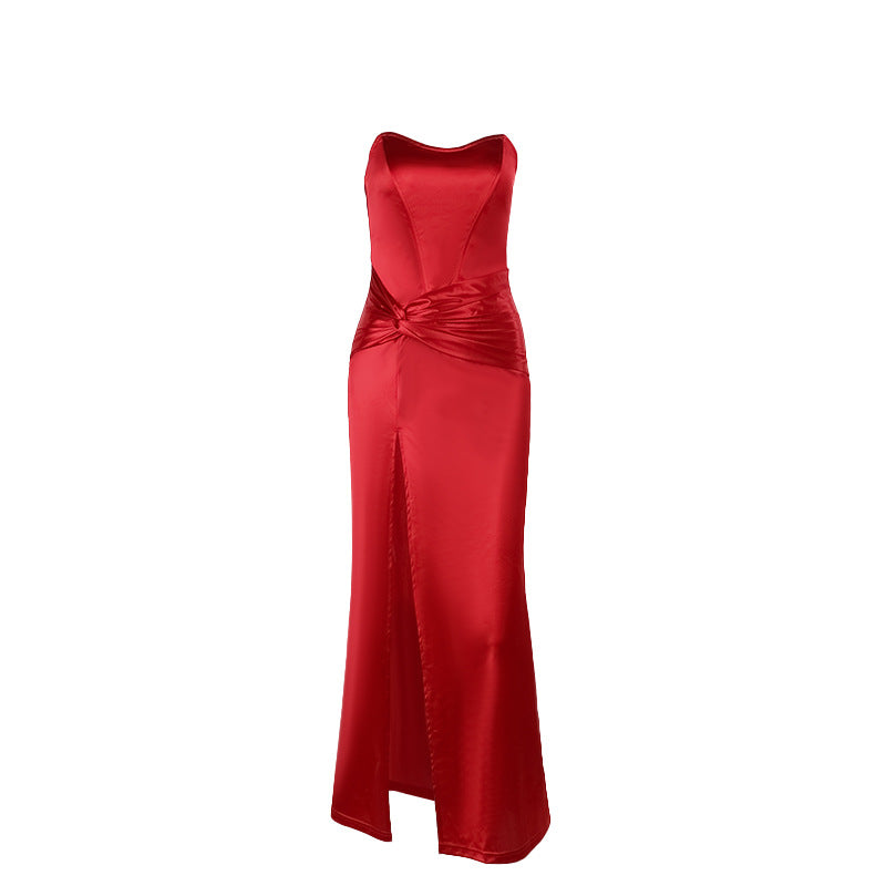 Bodycon Satin Maxi Dress with Twisted Waist and High Slit