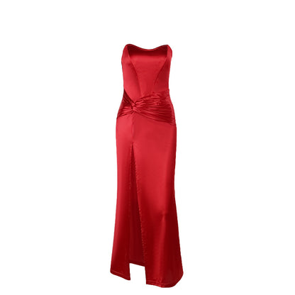 Bodycon Satin Maxi Dress with Twisted Waist and High Slit