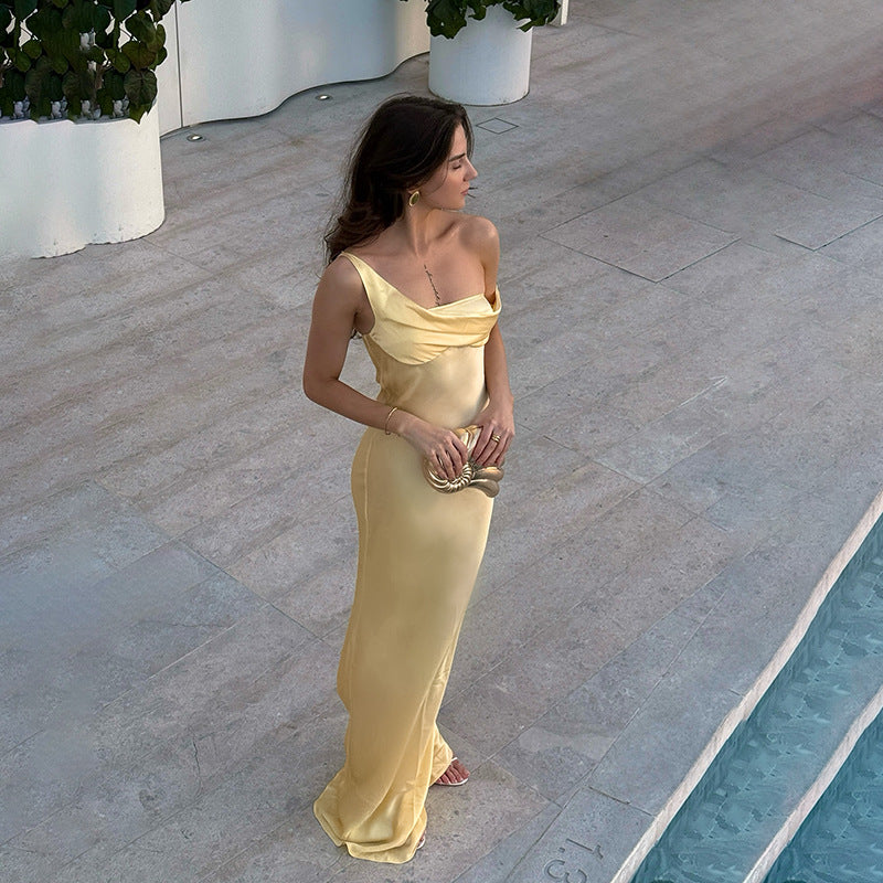 Satin Maxi Dress with Asymmetric Draped Neckline