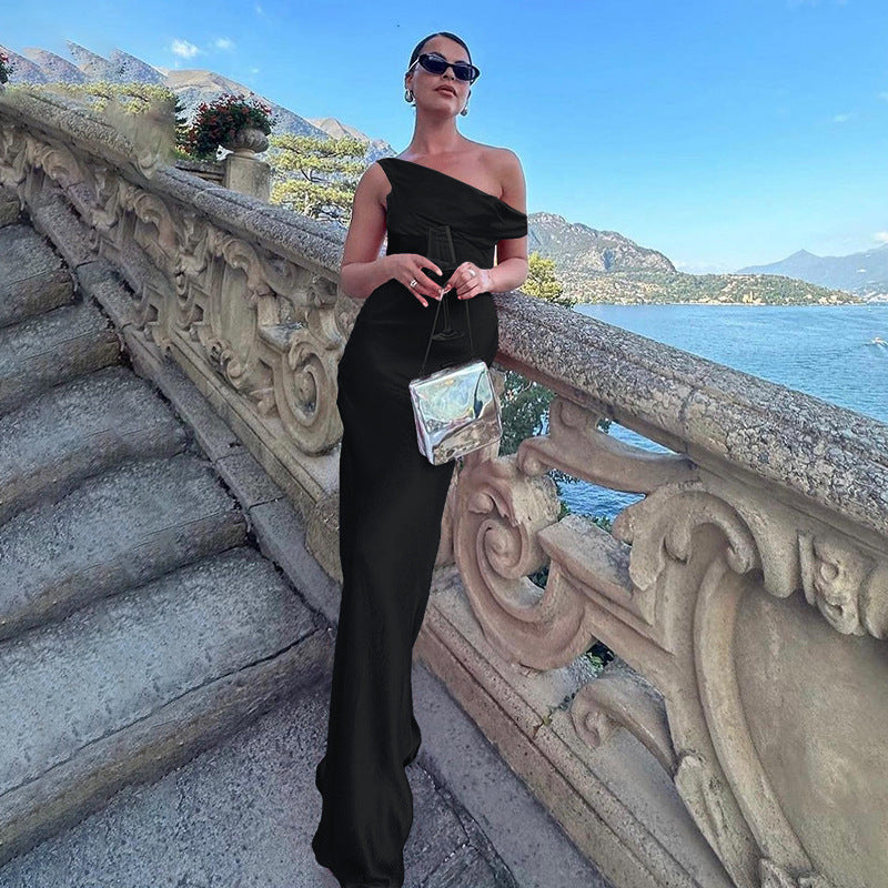 Satin Maxi Dress with Asymmetric Draped Neckline