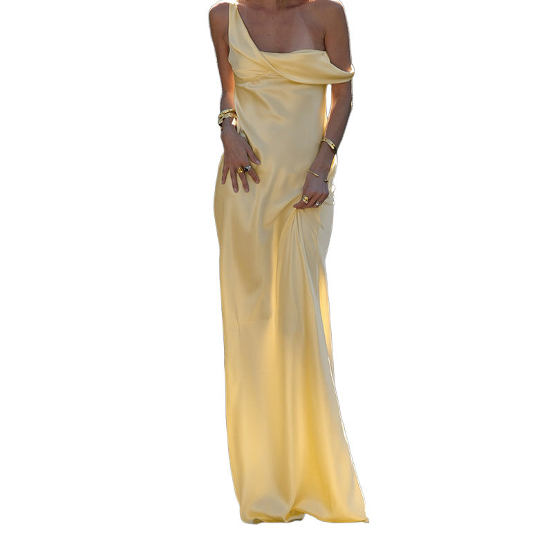 Satin Maxi Dress with Asymmetric Draped Neckline
