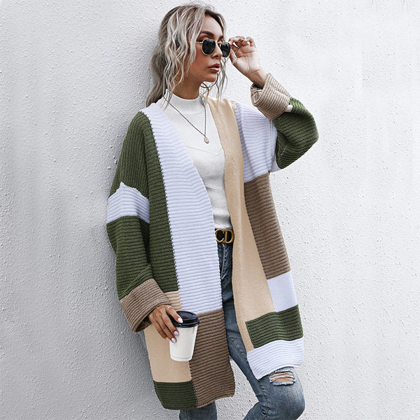 Color-Blocked Longline Knit Cardigan with Open Front