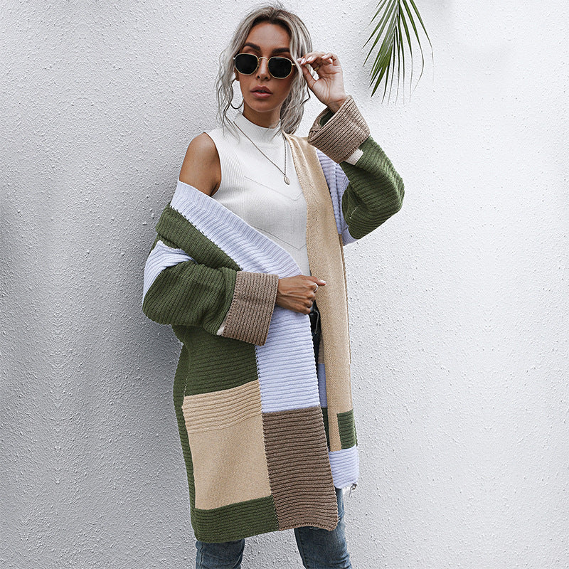 Color-Blocked Longline Knit Cardigan with Open Front