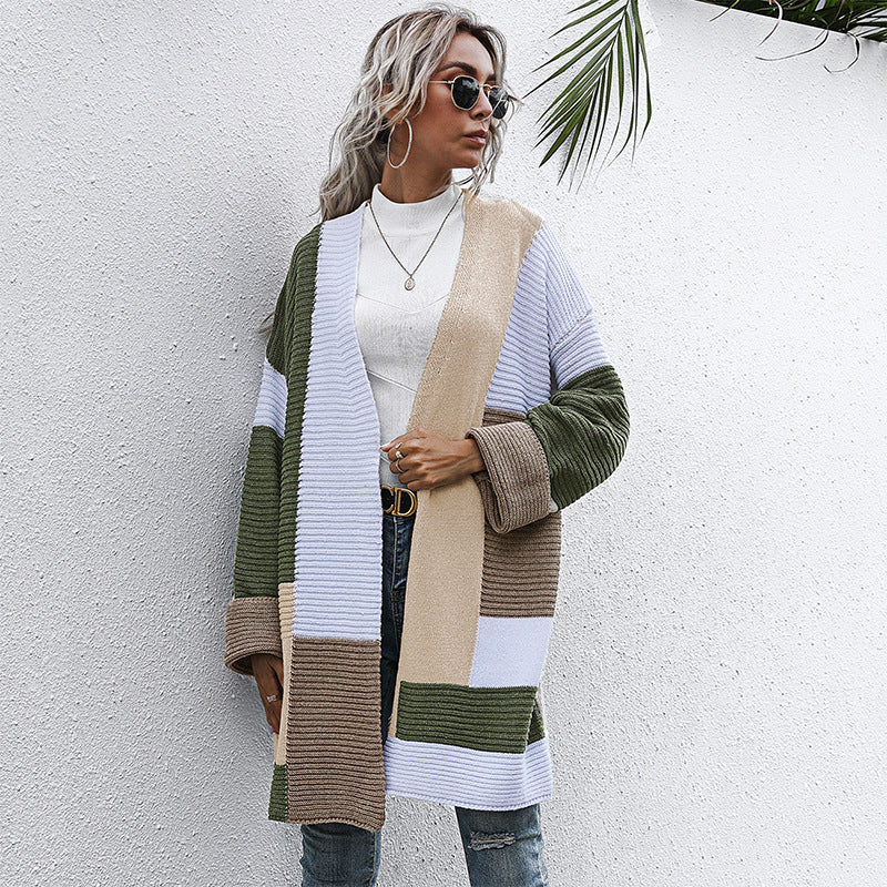 Color-Blocked Longline Knit Cardigan with Open Front