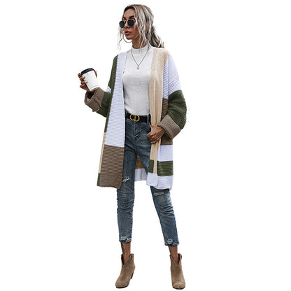 Color-Blocked Longline Knit Cardigan with Open Front