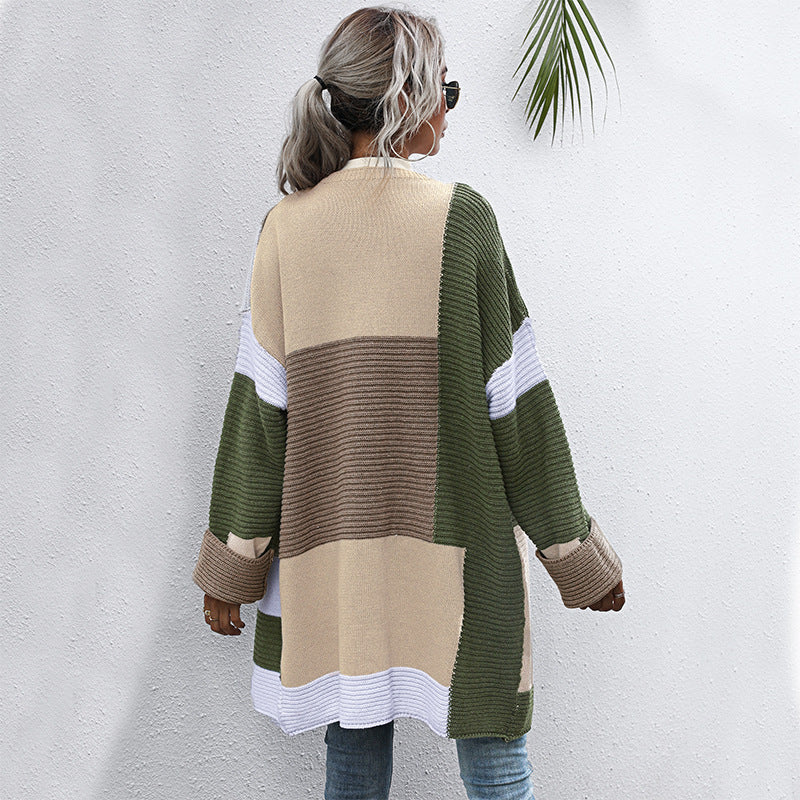 Color-Blocked Longline Knit Cardigan with Open Front