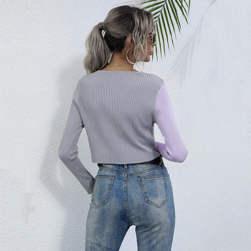 Color-Block Ribbed Cropped Cardigan with V-Neck