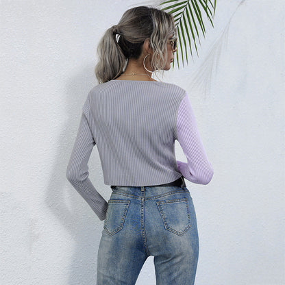 Color-Block Ribbed Cropped Cardigan with V-Neck