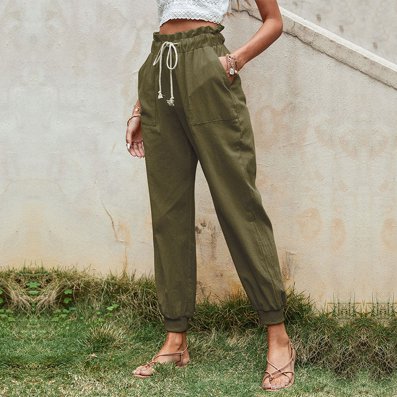 High-Waist Cotton Linen Joggers with Paperbag Waist and Drawstring