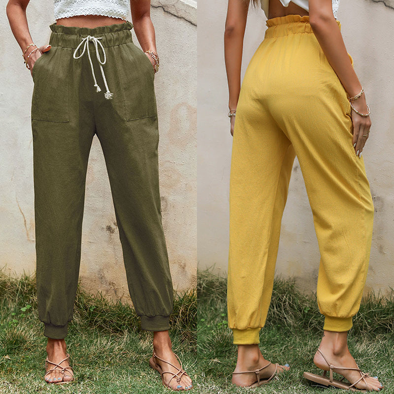 High-Waist Cotton Linen Joggers with Paperbag Waist and Drawstring