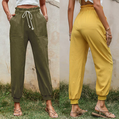 High-Waist Cotton Linen Joggers with Paperbag Waist and Drawstring