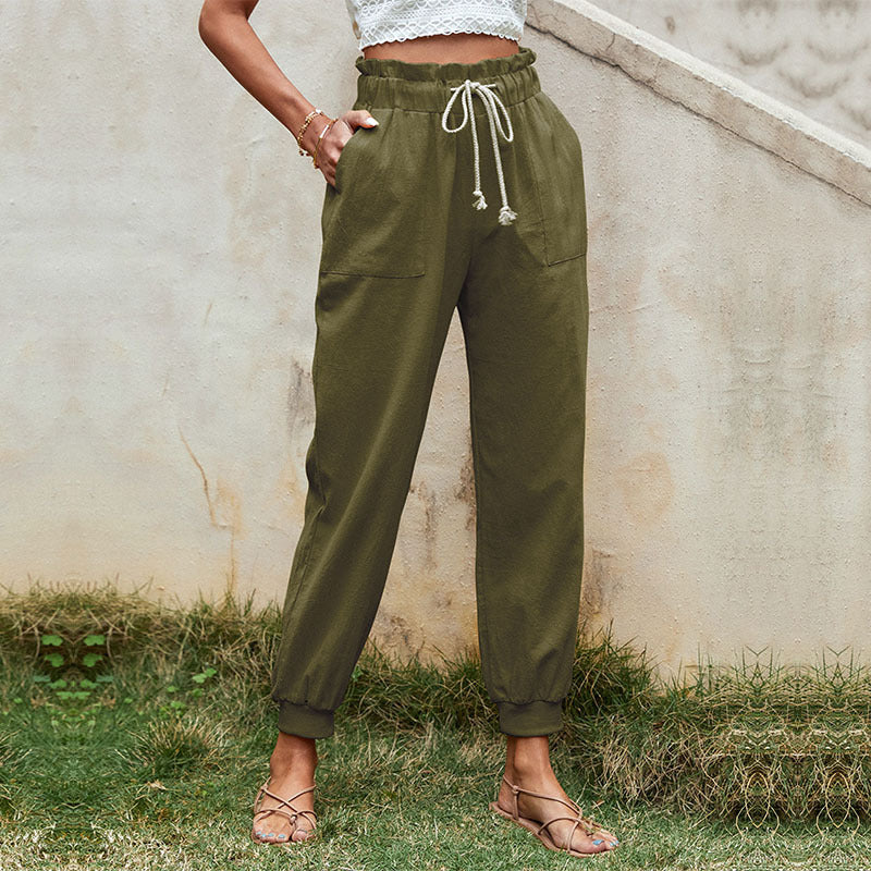 High-Waist Cotton Linen Joggers with Paperbag Waist and Drawstring