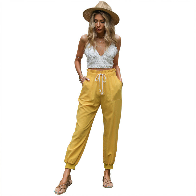 High-Waist Cotton Linen Joggers with Paperbag Waist and Drawstring
