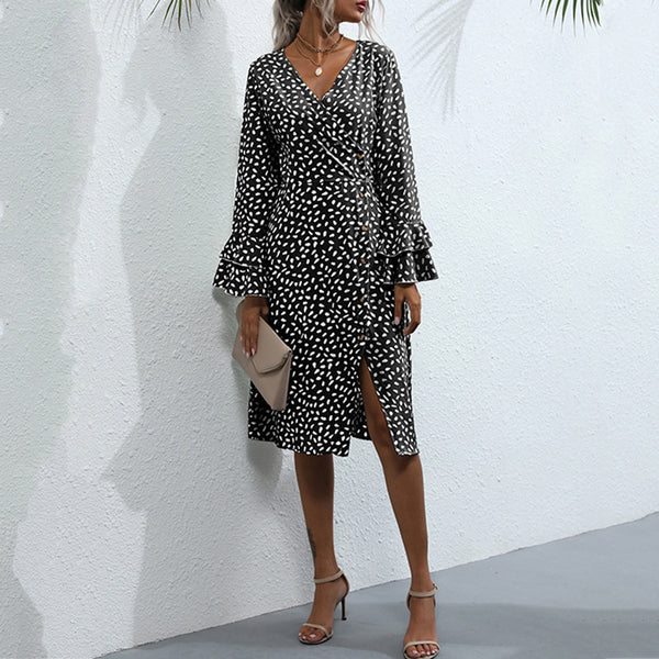 Printed A-Line Midi Dress with Bell Sleeves and Front Slit