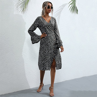 Printed A-Line Midi Dress with Bell Sleeves and Front Slit